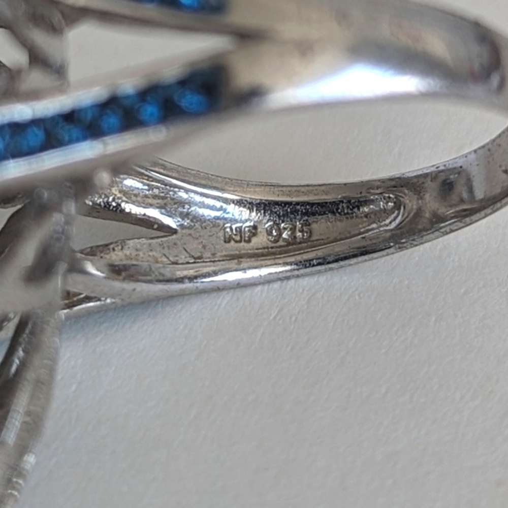 Blue Pear-Shape Facetted Glass Sterling Silver Pave Halo, Shoulders Ring sz9 - Picture 12 of 13